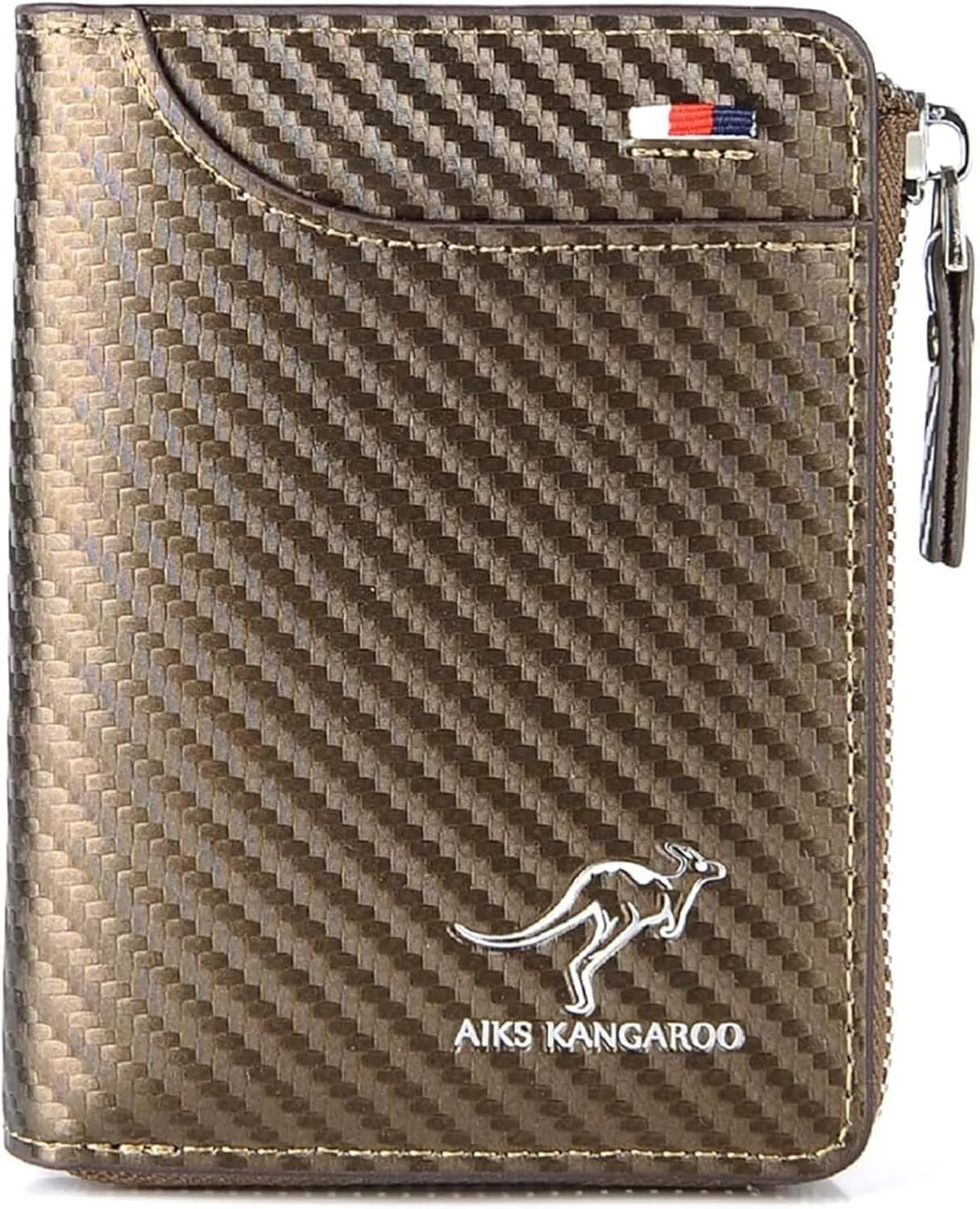 Men Wallet Zipper Purse (RFID PROTECTED), Aiks Kangaroo Wallets, Mens RFID Blocking Leather Wallet Credit Card ID Holder Zipper Purse Waterproof (Fiber Gold)