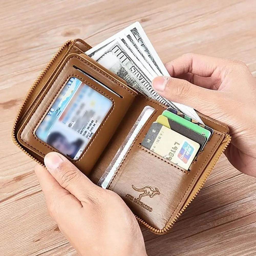Men Wallet Zipper Purse (RFID PROTECTED), Aiks Kangaroo Wallets, Mens RFID Blocking Leather Wallet Credit Card ID Holder Zipper Purse Waterproof (Retro Brown)