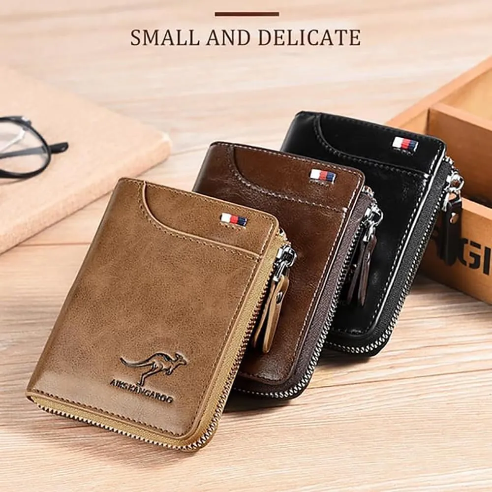Men Wallet Zipper Purse (RFID PROTECTED), Aiks Kangaroo Wallets, Mens RFID Blocking Leather Wallet Credit Card ID Holder Zipper Purse Waterproof (Retro Brown)