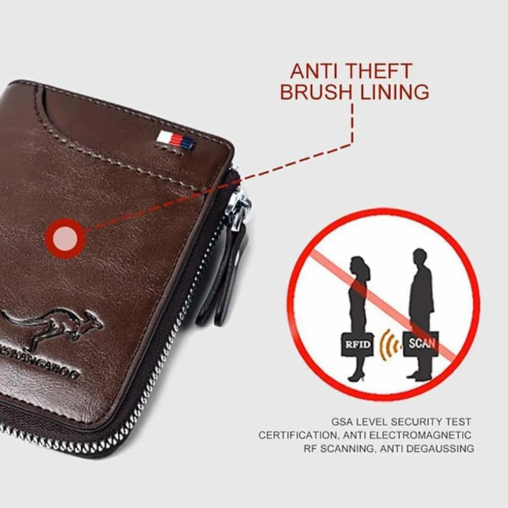 Men Wallet Zipper Purse (RFID PROTECTED), Aiks Kangaroo Wallets, Mens RFID Blocking Leather Wallet Credit Card ID Holder Zipper Purse Waterproof (Retro Brown)