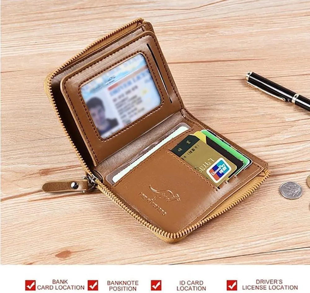 Men Wallet Zipper Purse (RFID PROTECTED), Aiks Kangaroo Wallets, Mens RFID Blocking Leather Wallet Credit Card ID Holder Zipper Purse Waterproof (Retro Brown)