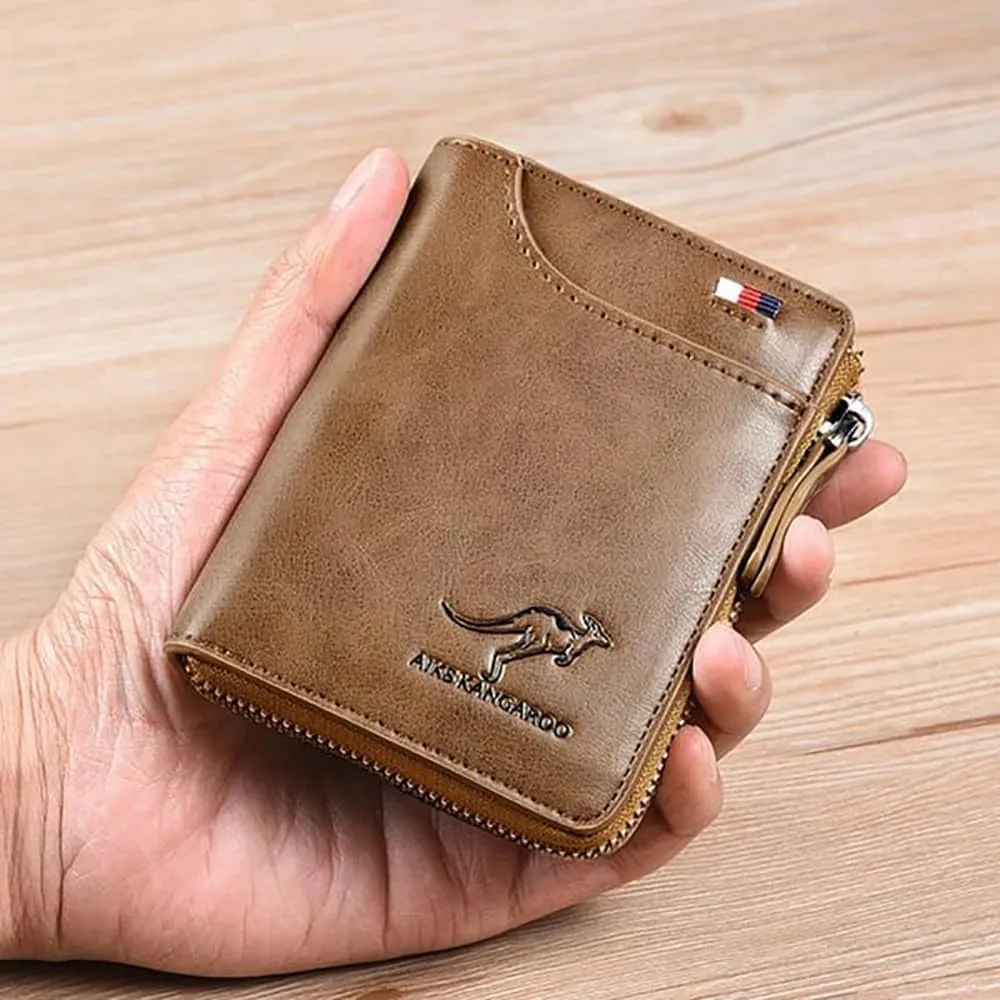 Men Wallet Zipper Purse (RFID PROTECTED), Aiks Kangaroo Wallets, Mens RFID Blocking Leather Wallet Credit Card ID Holder Zipper Purse Waterproof (Retro Brown)
