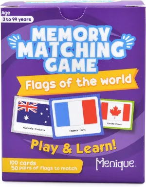 Menique Flags of The World Memory Matching Game – 100 Cards, 50 Countries to Match – Educational & Fun for Kids and Adults – Color-Coded by Continent – Learn Flags, Capitals, and Geography