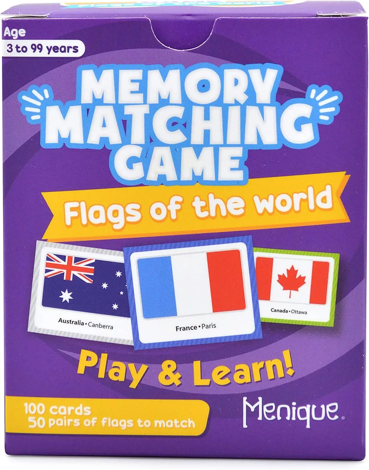 Menique Flags of The World Memory Matching Game – 100 Cards, 50 Countries to Match – Educational & Fun for Kids and Adults – Color-Coded by Continent – Learn Flags, Capitals, and Geography