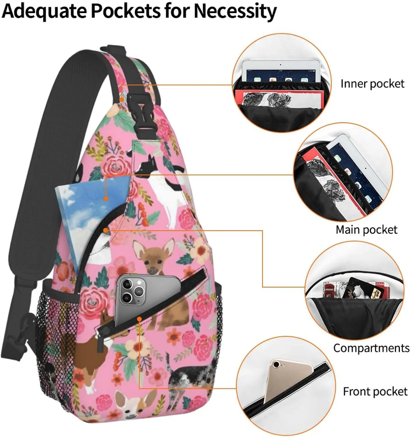 Mens Fashion Gym Bags Anti-Theft for Chihuahua Dog Cute Pink Crossbody Shoulder Backpack with Zipper, Multipurpose Sling ​Backpack for Cycling Traveling Hiking
