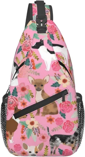 Mens Fashion Gym Bags Anti-Theft for Chihuahua Dog Cute Pink Crossbody Shoulder Backpack with Zipper, Multipurpose Sling ​Backpack for Cycling Traveling Hiking