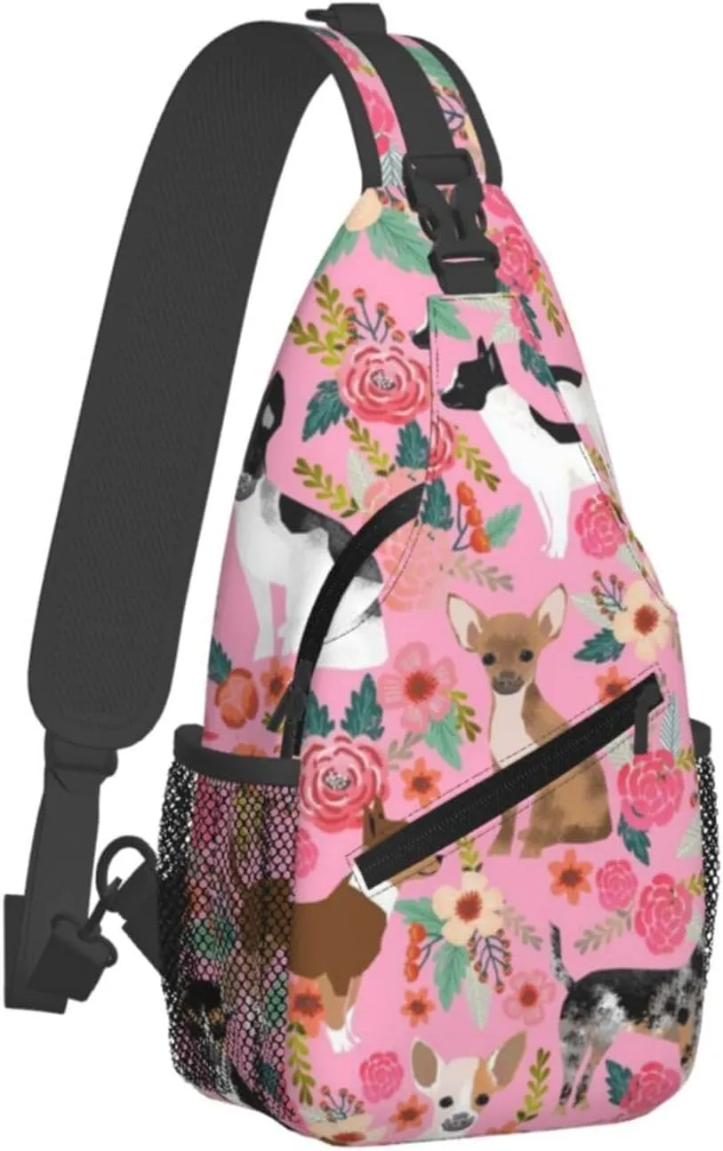 Mens Fashion Gym Bags Anti-Theft for Chihuahua Dog Cute Pink Crossbody Shoulder Backpack with Zipper, Multipurpose Sling ​Backpack for Cycling Traveling Hiking