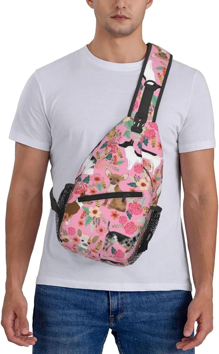 Mens Fashion Gym Bags Anti-Theft for Chihuahua Dog Cute Pink Crossbody Shoulder Backpack with Zipper, Multipurpose Sling ​Backpack for Cycling Traveling Hiking