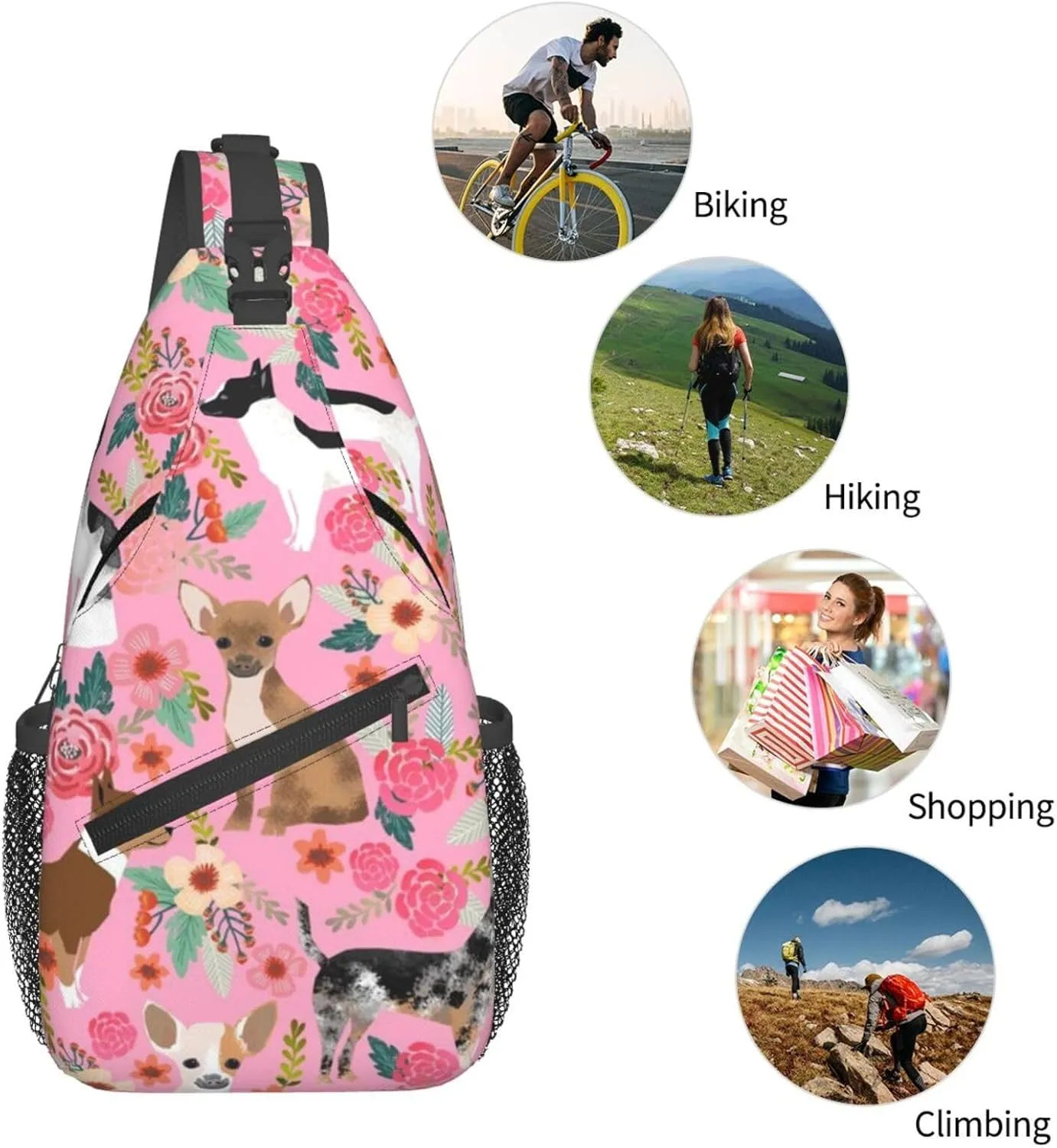 Mens Fashion Gym Bags Anti-Theft for Chihuahua Dog Cute Pink Crossbody Shoulder Backpack with Zipper, Multipurpose Sling ​Backpack for Cycling Traveling Hiking