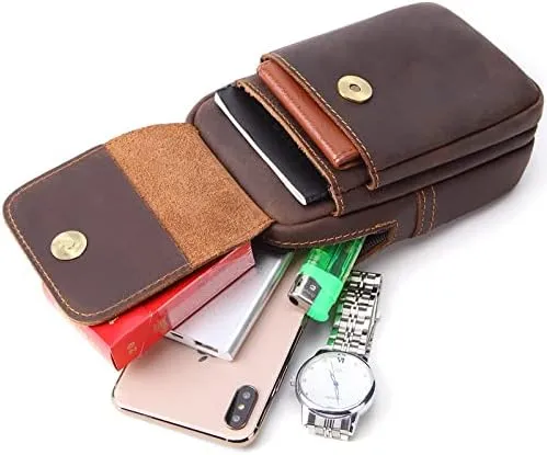 Mens Genuine Leather Belt Bag, Travel Passport Wallet Cell Phone Shoulder Holster Small Messenger Bag Waist Pack
