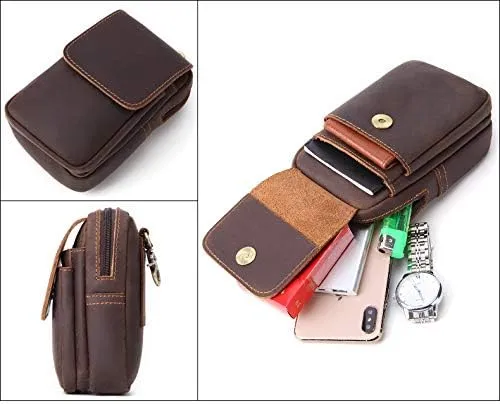 Mens Genuine Leather Belt Bag, Travel Passport Wallet Cell Phone Shoulder Holster Small Messenger Bag Waist Pack