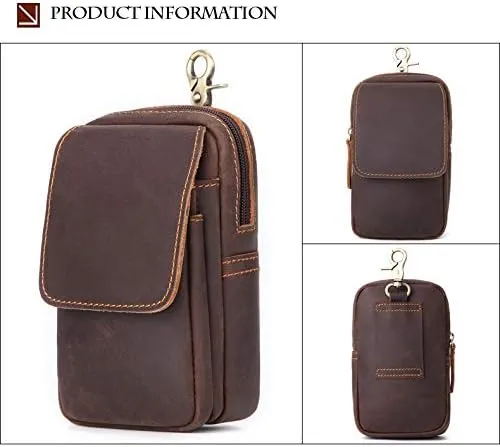 Mens Genuine Leather Belt Bag, Travel Passport Wallet Cell Phone Shoulder Holster Small Messenger Bag Waist Pack