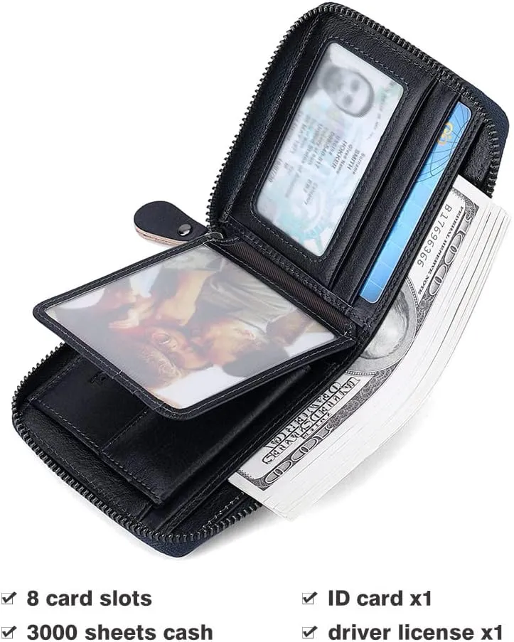 Mens Genuine Leather Zipper Wallet RFID Secure Large Capacity Double Fold Multi-card Leather Wallets for Men and coin purse