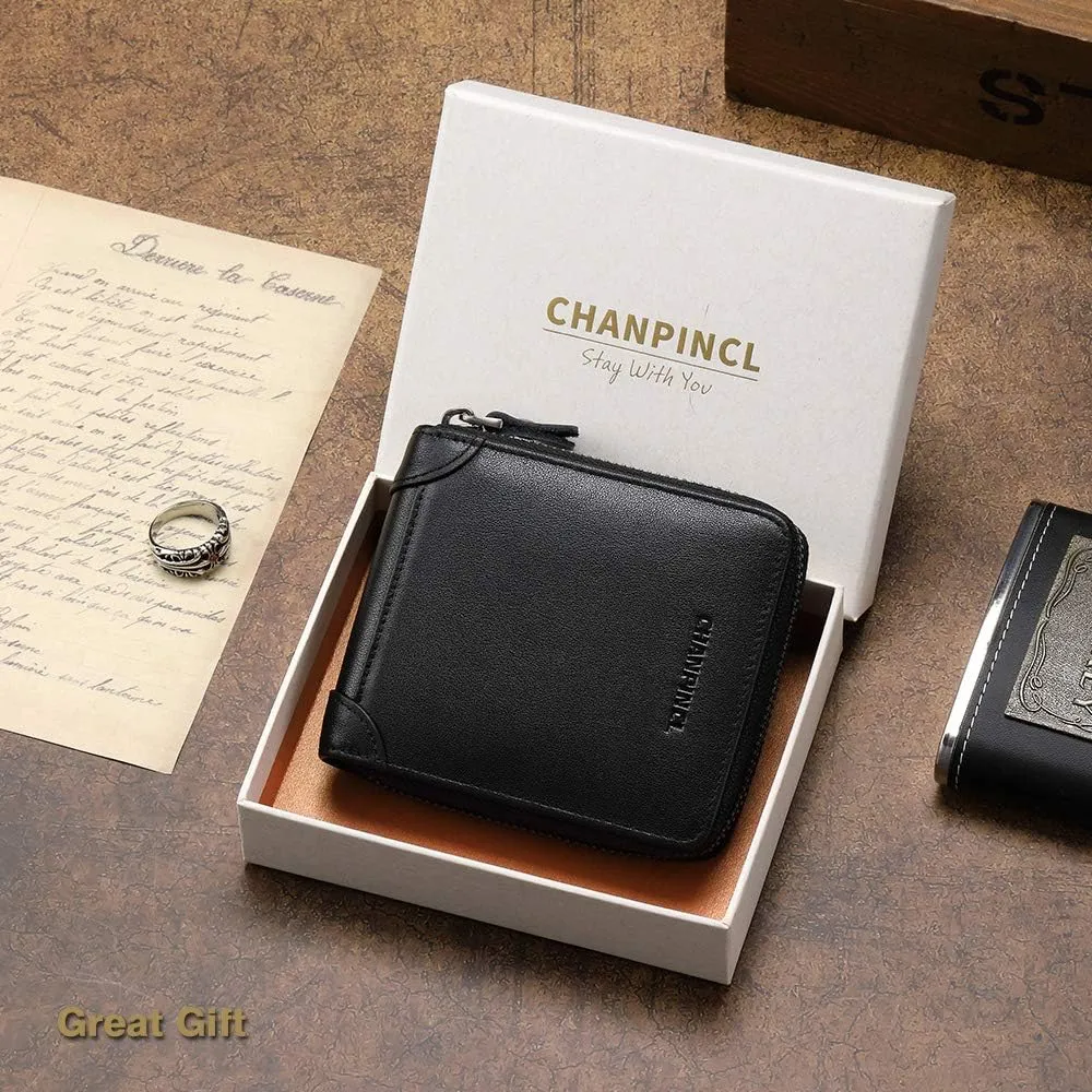 Mens Genuine Leather Zipper Wallet RFID Secure Large Capacity Double Fold Multi-card Leather Wallets for Men and coin purse