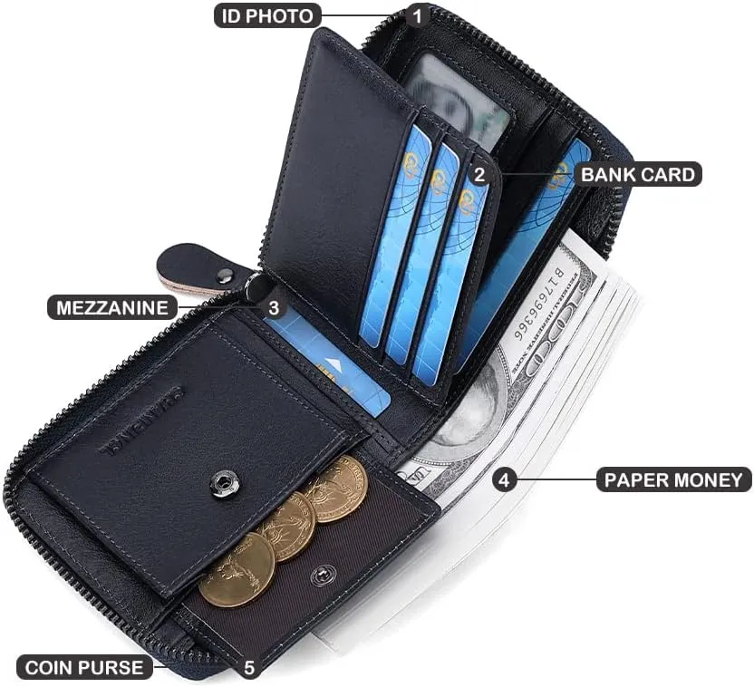 Mens Genuine Leather Zipper Wallet RFID Secure Large Capacity Double Fold Multi-card Leather Wallets for Men and coin purse