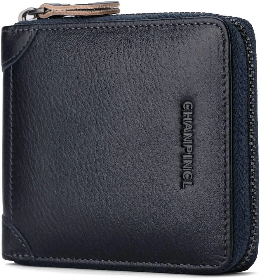 Mens Genuine Leather Zipper Wallet RFID Secure Large Capacity Double Fold Multi-card Leather Wallets for Men and coin purse