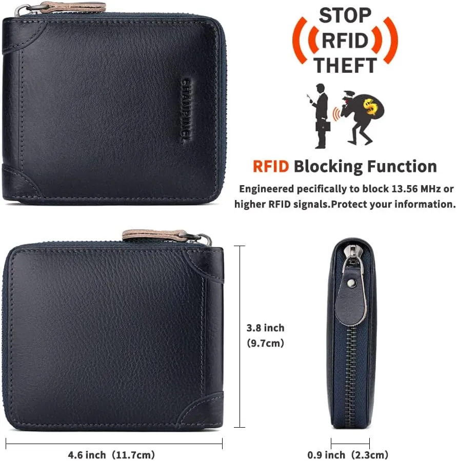 Mens Genuine Leather Zipper Wallet RFID Secure Large Capacity Double Fold Multi-card Leather Wallets for Men and coin purse