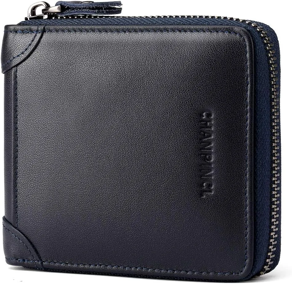 Mens Genuine Leather Zipper Wallet RFID Secure Large Capacity Double Fold Multi-card Leather Wallets for Men and coin purse