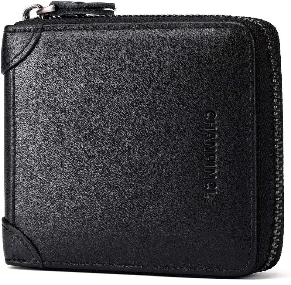 Mens Genuine Leather Zipper Wallet RFID Secure Large Capacity Double Fold Multi-card Leather Wallets for Men and coin purse