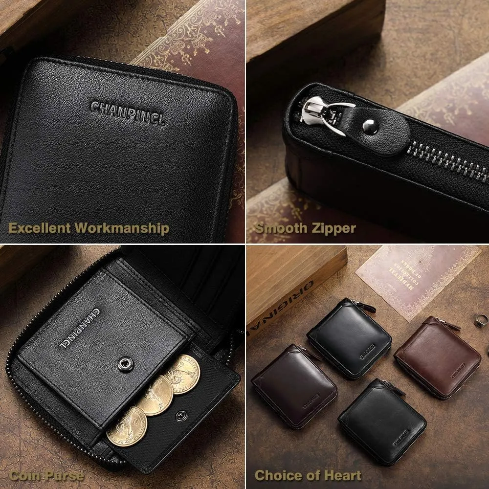 Mens Genuine Leather Zipper Wallet RFID Secure Large Capacity Double Fold Multi-card Leather Wallets for Men and coin purse