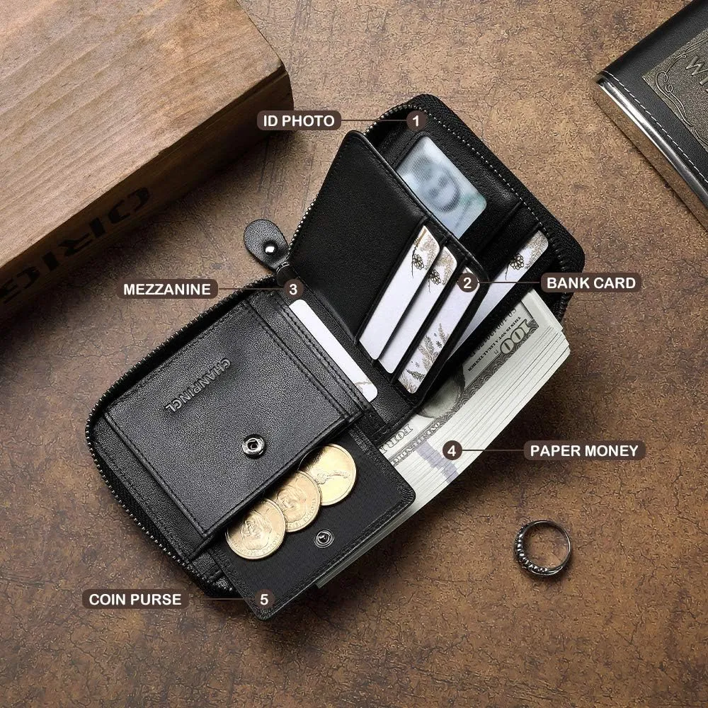 Mens Genuine Leather Zipper Wallet RFID Secure Large Capacity Double Fold Multi-card Leather Wallets for Men and coin purse