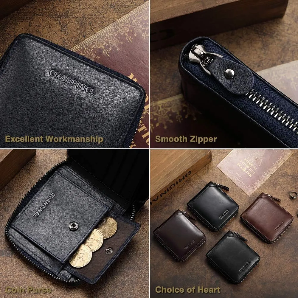 Mens Genuine Leather Zipper Wallet RFID Secure Large Capacity Double Fold Multi-card Leather Wallets for Men and coin purse