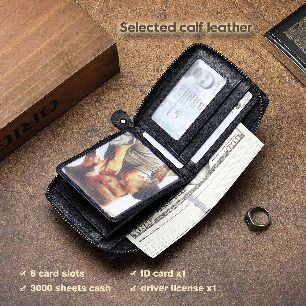 Mens Genuine Leather Zipper Wallet RFID Secure Large Capacity Double Fold Multi-card Leather Wallets for Men and coin purse
