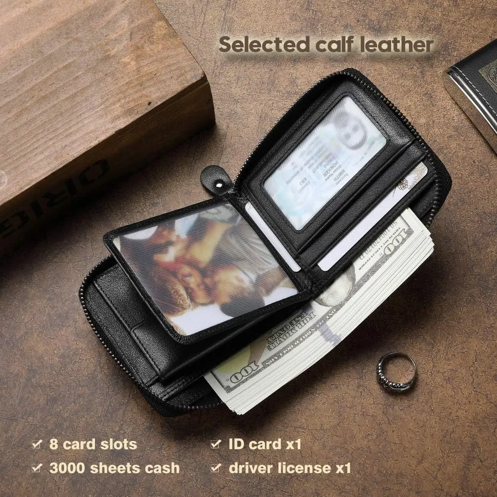 Mens Genuine Leather Zipper Wallet RFID Secure Large Capacity Double Fold Multi-card Leather Wallets for Men and coin purse
