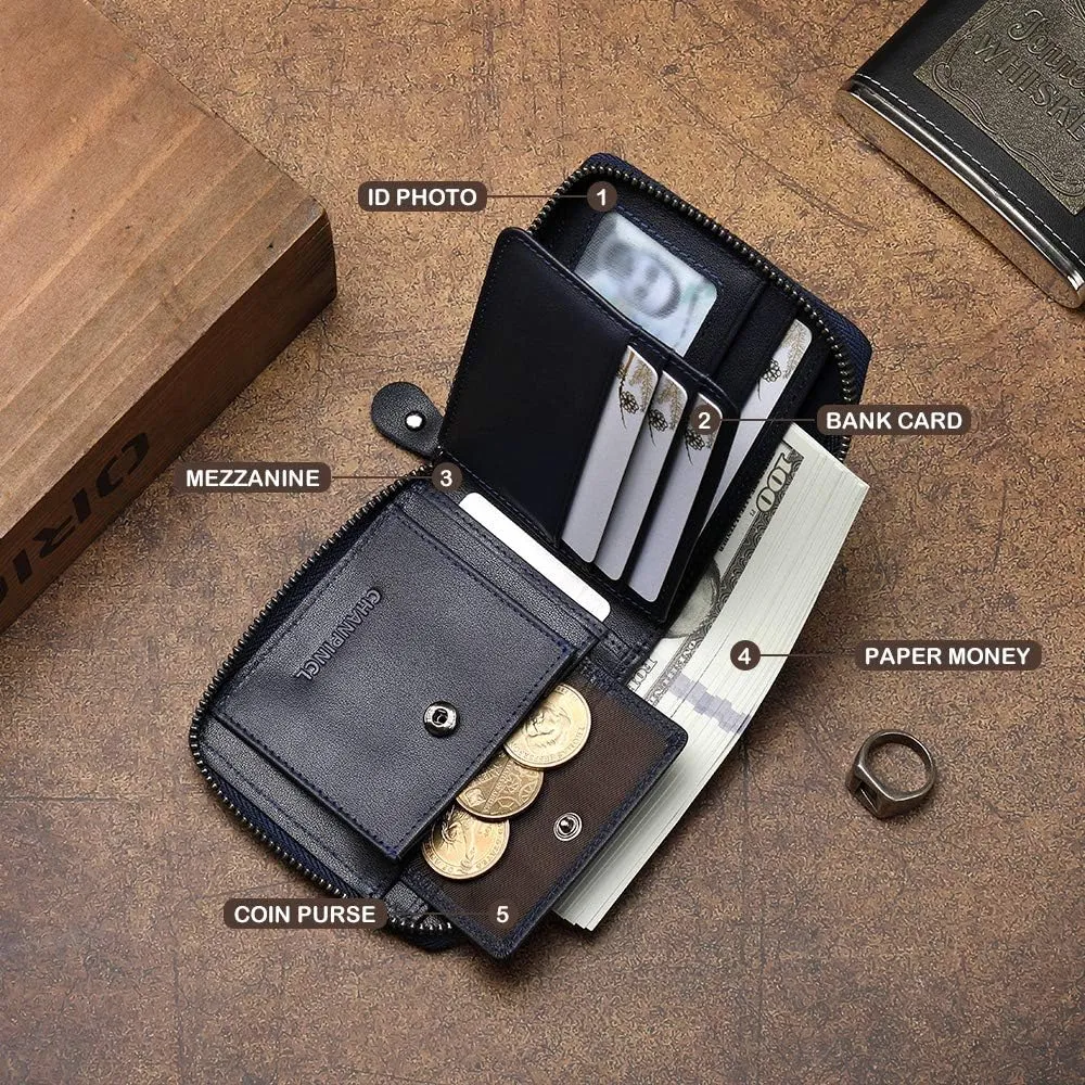 Mens Genuine Leather Zipper Wallet RFID Secure Large Capacity Double Fold Multi-card Leather Wallets for Men and coin purse