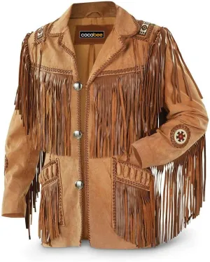 Men's Traditional Cowboy Western Leather Jacket Coat with Fringe Native American Jacket Suede Beaded (L) Black