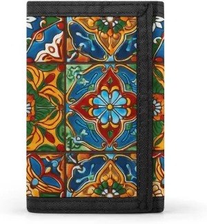 Mexican Ceramic Tile Wallet Compact Trifold Wallet with Keychain Lightweight & Durable Purse for Outdoor