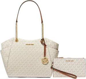 Michael Michael Kors Jet Set Large Logo Shoulder Bag Bundle Jet Set Travel Double Zip Wristlet (Signature Vanilla)