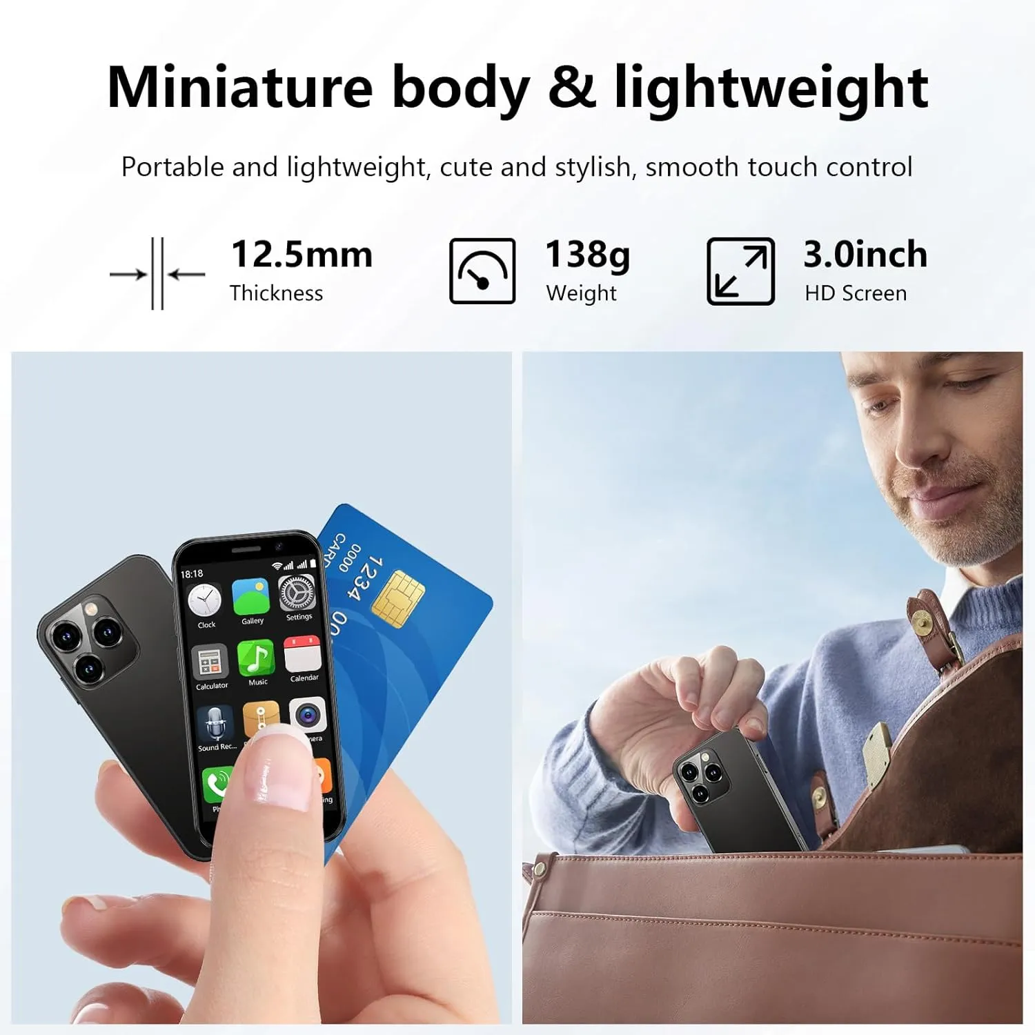 Mini Phone 4G Unlocked World's Smallest Mini Smartphone 3.0'' Touch Screen Compact Mobile Phone for Kids & Students 2000mAh Battery Cell Phone with Dual SIM Quad Core Face ID GPS 2GB 16GB Black