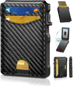 Minimalist Mens Wallet, RFID Blocking Credit Card Holder with Money Clip, Slim Bifold Wallet with Present Box (Classic Carbon Fiber)