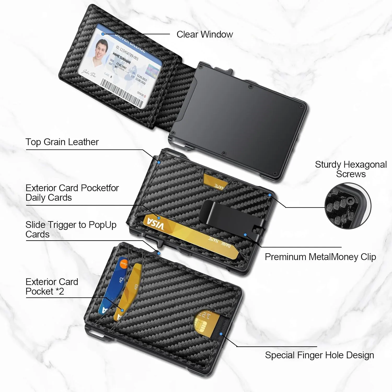 Minimalist Mens Wallet, RFID Blocking Credit Card Holder with Money Clip, Slim Bifold Wallet with Present Box (Classic Carbon Fiber)