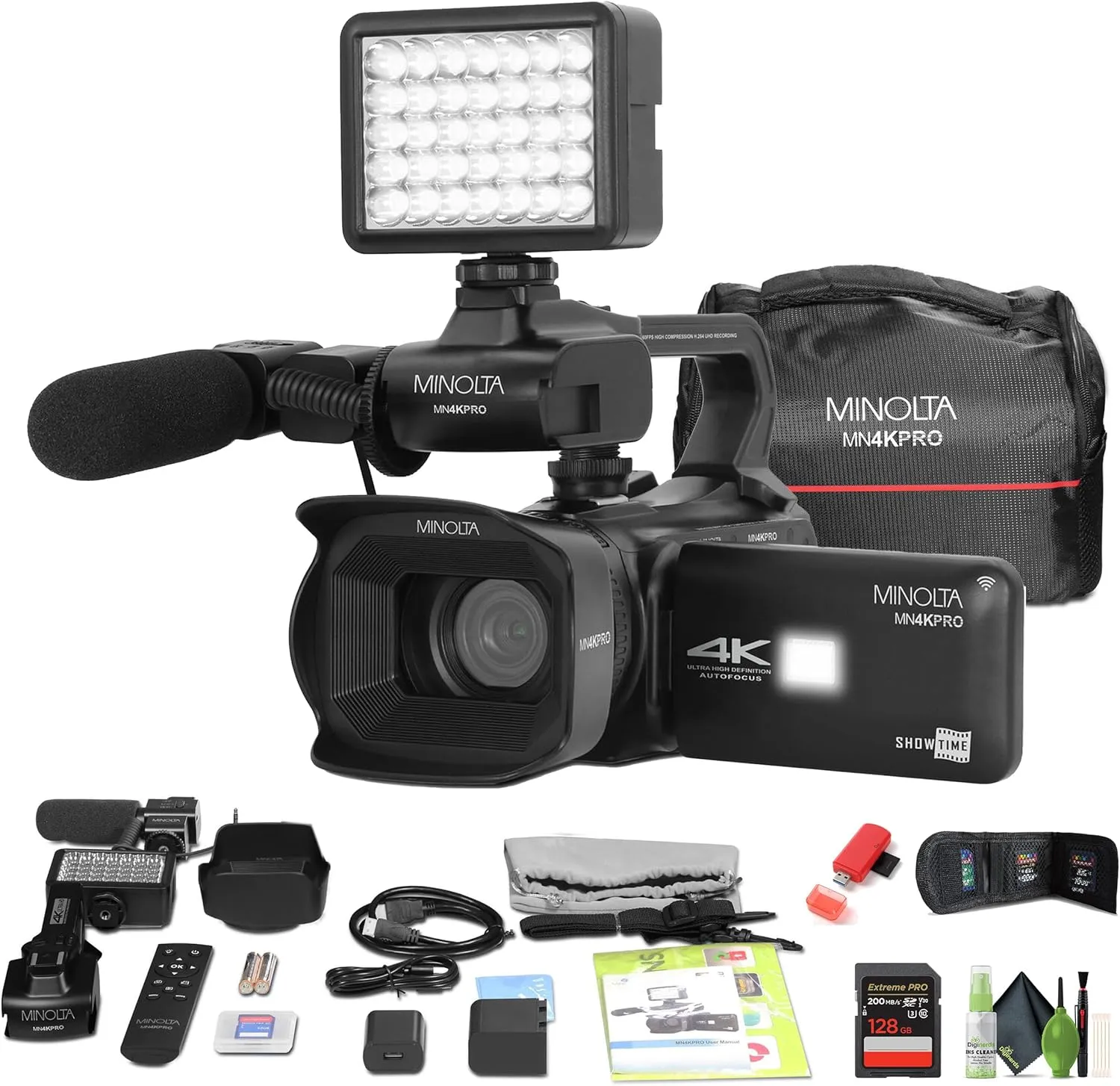 Minolta MN4KPRO 4K60FPS UHD 64 MP Autofocus Pro Camcorder Kit w/WiFi Bundle with 128GB Memory Card   Cleaning kit   Memory Card Wallet   USB Card Reader, SD/microSD