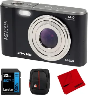 Minolta MND20-BK 44 MP 2.7K Ultra HD Digital Camera, Black Bundle with Lexar 32GB UHS-I SDHC Memory Card, Deco Photo Point and Shoot Camera Case and Deco Photo Microfiber Cleaning Cloth