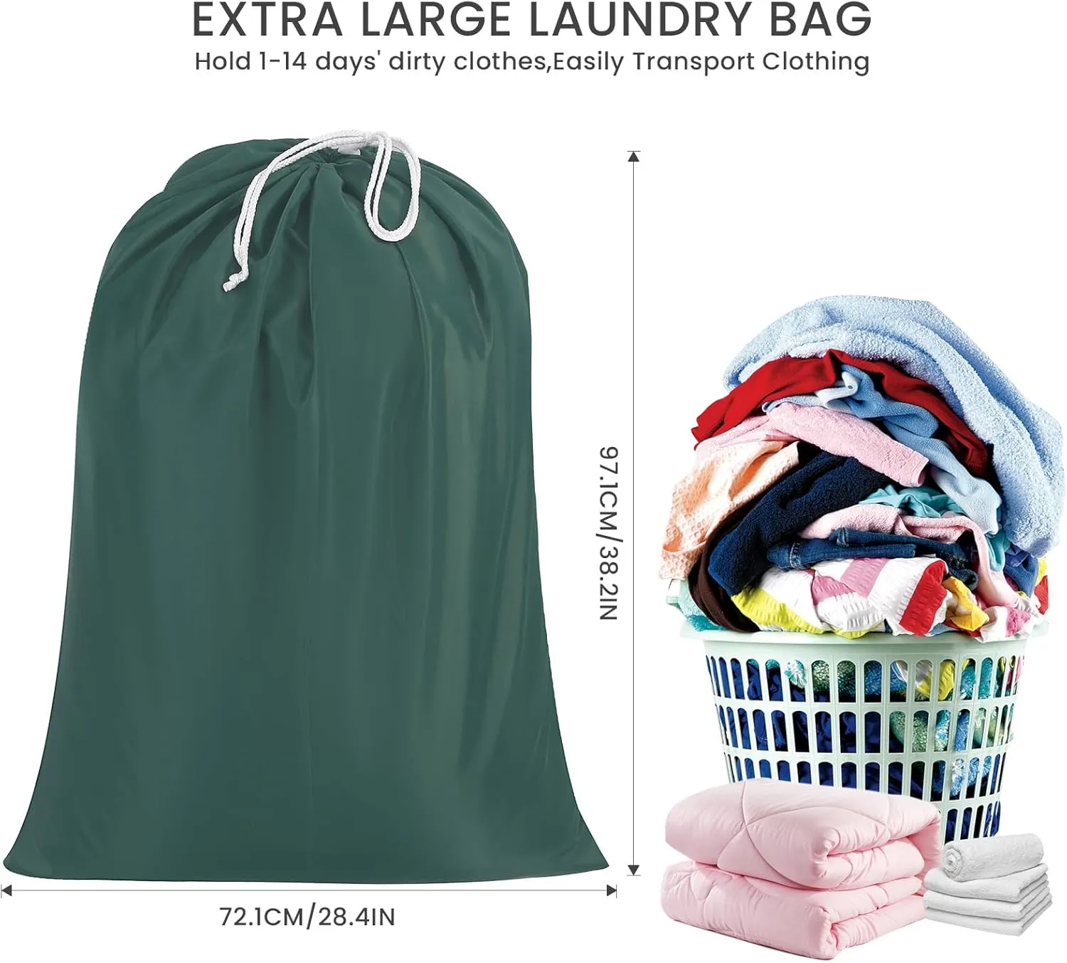 Miss Promation Travel Laundry Bag, Nylon Laundry Bag-Machine Washable Dirty Clothes Organizer with Drawstring，Easy Fit a Laundry Hamper or Basket 28" x 38" (Green)