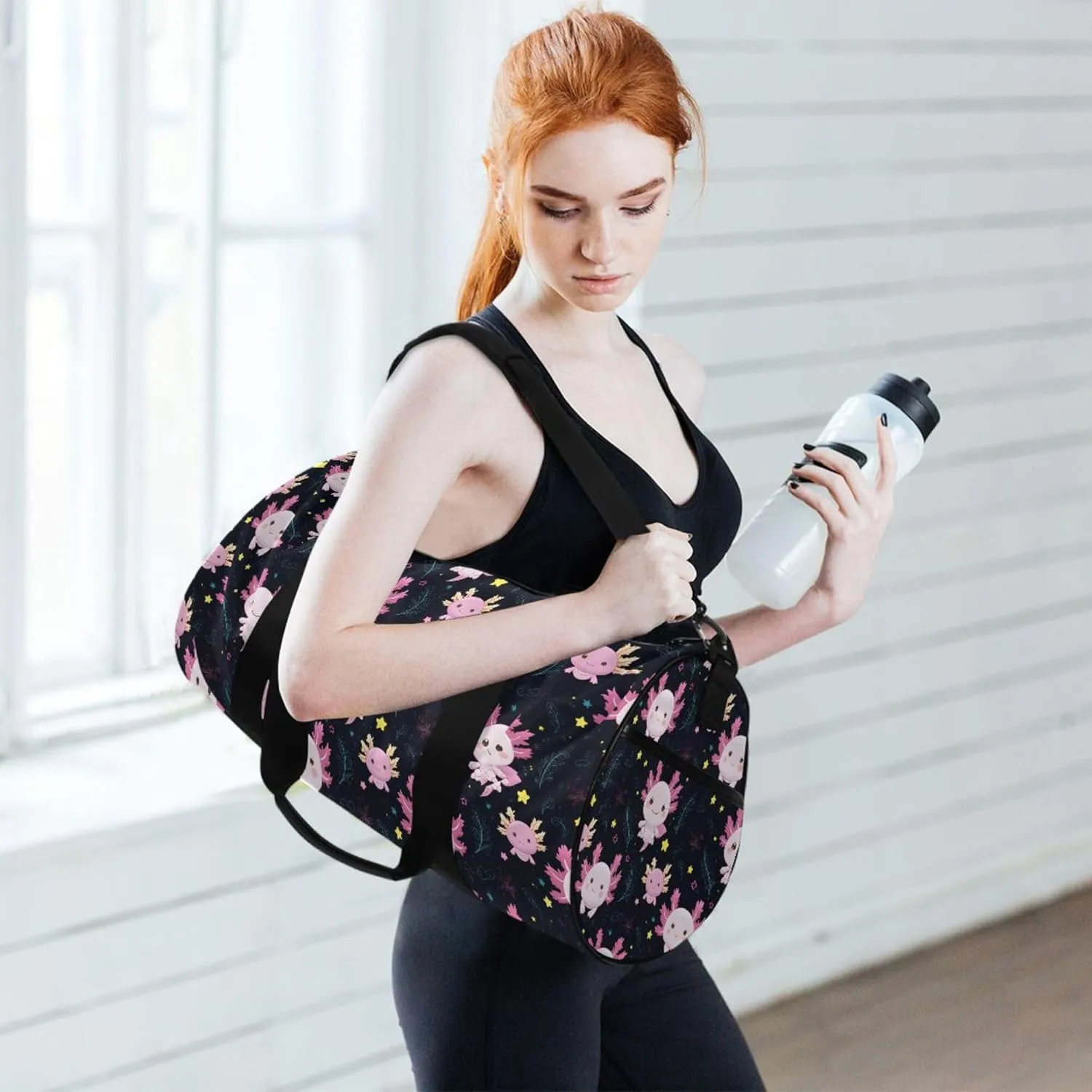 MNSRUU Sports Duffel Bags, Axolotl Leaf Athletic Gym Bag Overnight Workout Travel Tote Luggage for Men Women Yoga