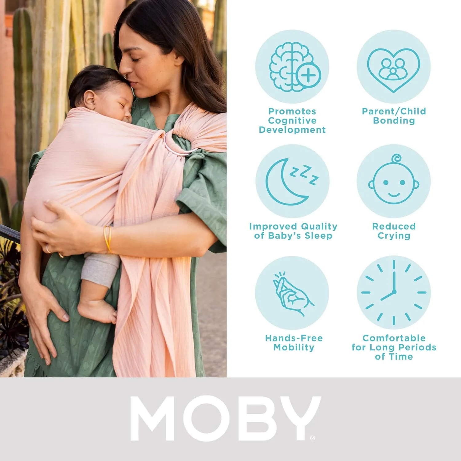 Moby Baby Wrap Carrier Ring Sling for Newborns to Toddlers, Hands-Free, Versatile Support for Moms & Dads, Breathable & Lightweight, Supports Children 8-30 lbs (Rose)