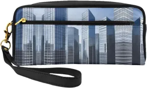 Modern Skyscrapers Print Leather Small Makeup Bag â€“ Travel Toiletry Bag for Women, Reusable Cosmetic Pouch with Zipper