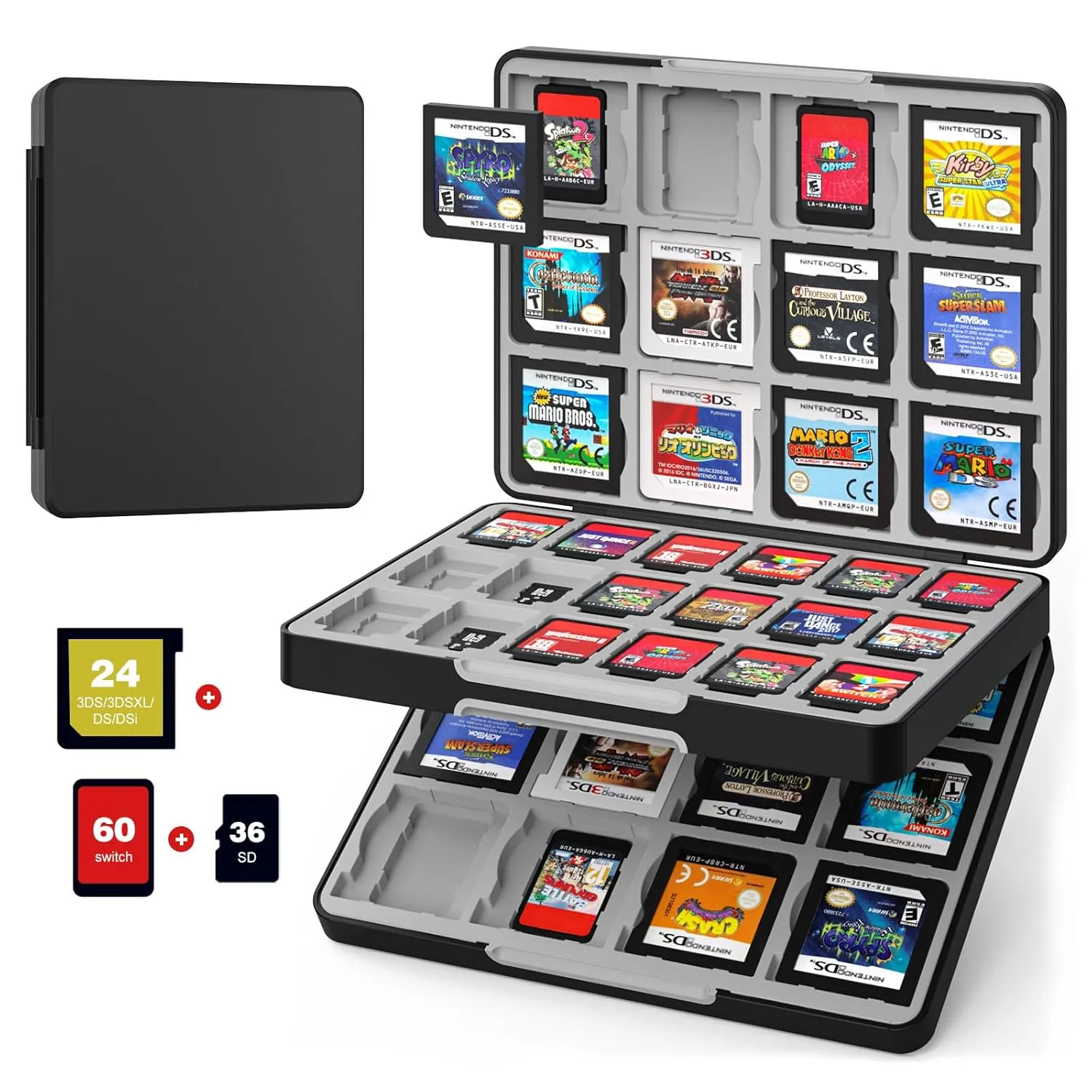 MoKo 60 Slots Game Card Case for Nintendo Switch/Switch OLED/3DS/2DS, Portable 3DS Game Case, 24 Slots for 3DSXL/DS/DSi Cards & 36 Slots for SD Cards w/Magnetic Closure, Black