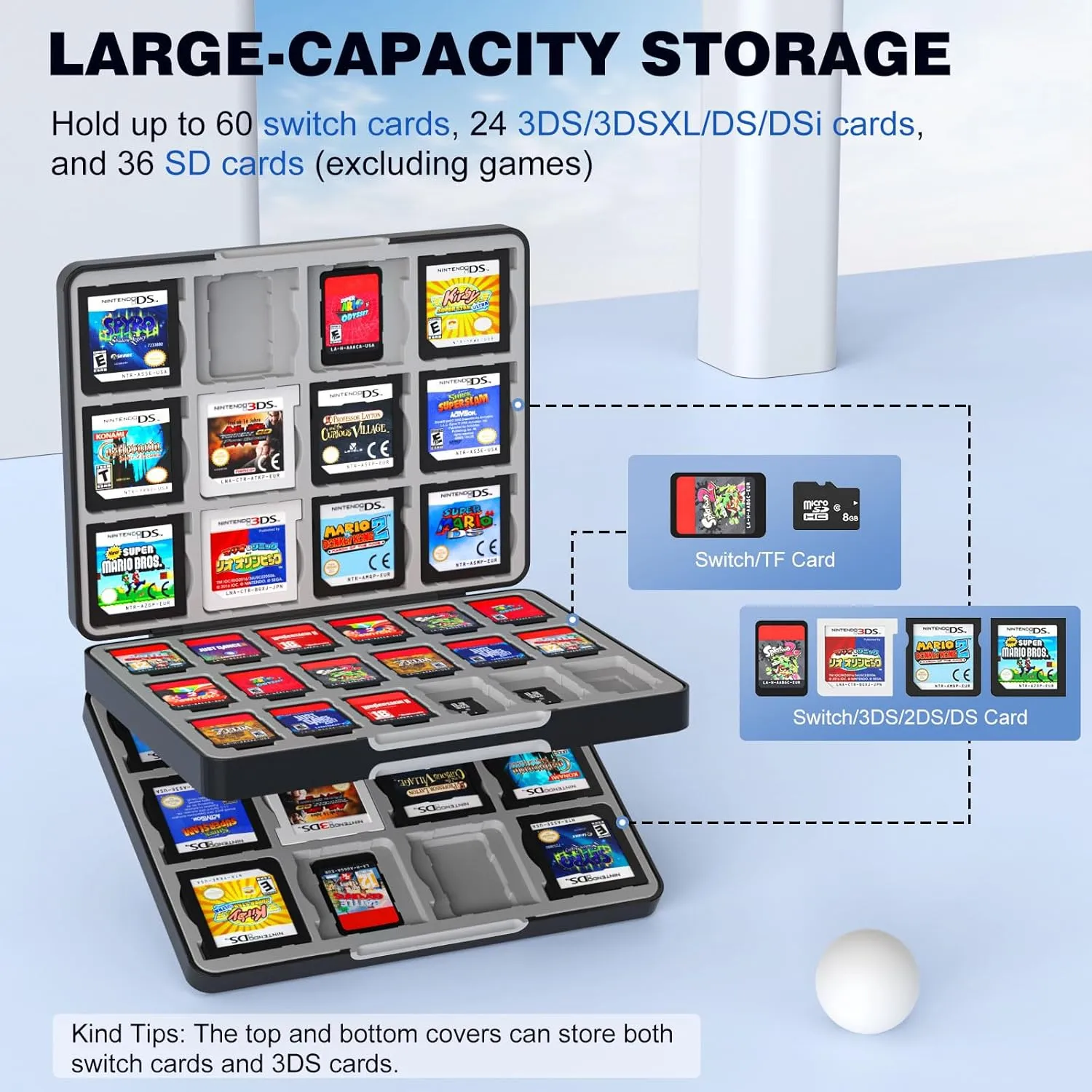 MoKo 60 Slots Game Card Case for Nintendo Switch/Switch OLED/3DS/2DS, Portable 3DS Game Case, 24 Slots for 3DSXL/DS/DSi Cards & 36 Slots for SD Cards w/Magnetic Closure, Black