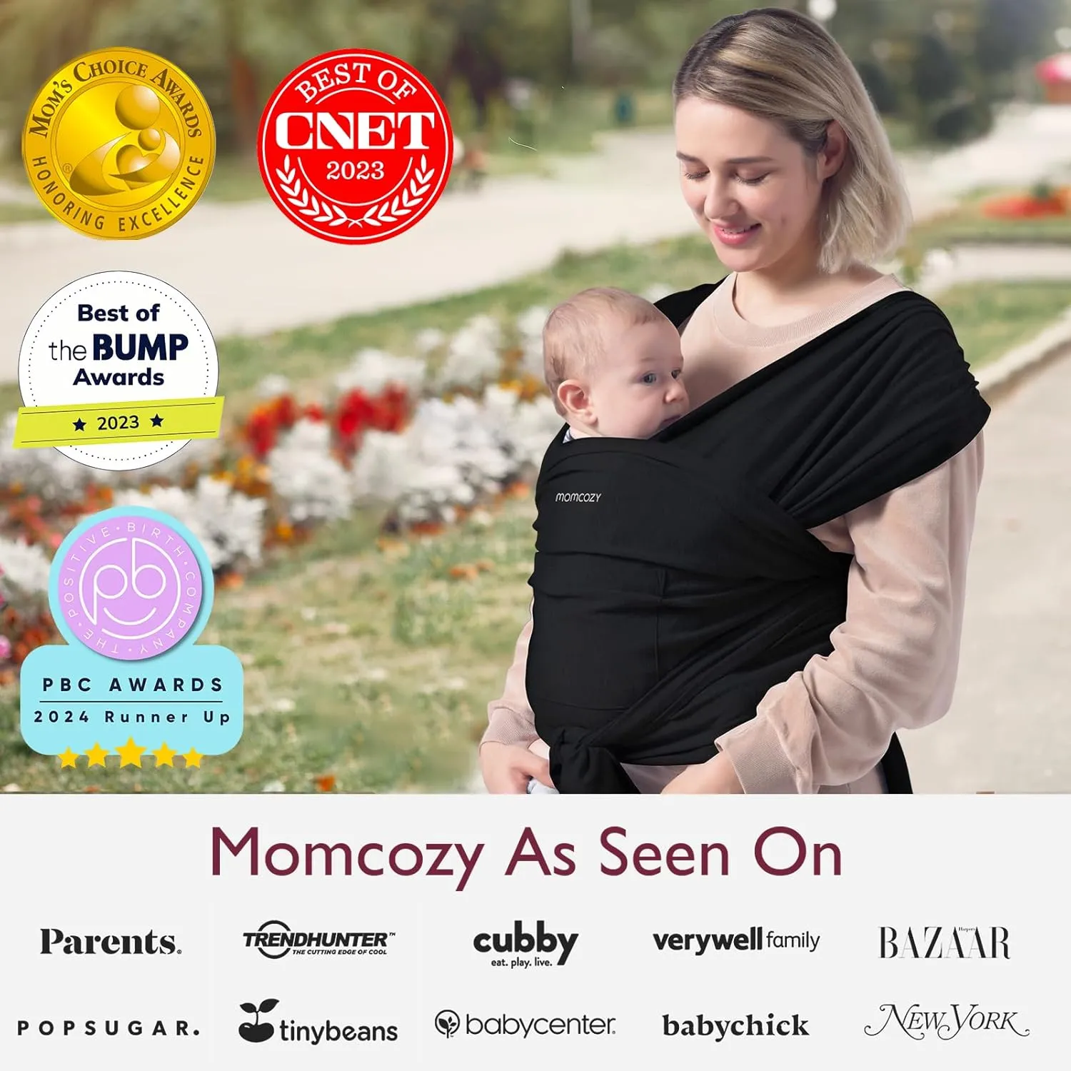 Momcozy Baby Wrap Carrier, Easy to Wear Infant Carrier Slings, Lightweight Hands Free Baby Sling, Adjustable Baby Carriers for Newborn to Toddler 8-35 lbs, Black