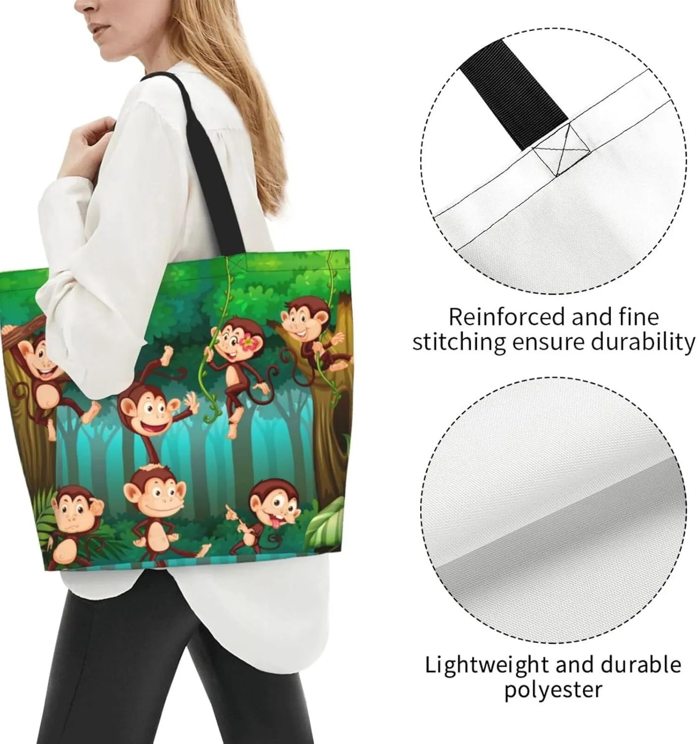 Monkey Animals Canvas Tote Bag Cute Shoulder Bag Handbag Casual Animal Grocery Bags Monkey Bag for Outdoors