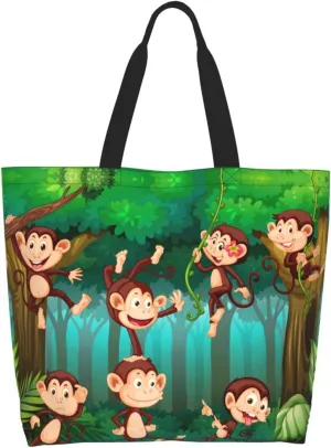 Monkey Animals Canvas Tote Bag Cute Shoulder Bag Handbag Casual Animal Grocery Bags Monkey Bag for Outdoors