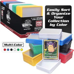 Monster Top Loaders for Collectible Trading Cards -150 Count -Multi-Colored Borders -3"x4" Clear Hard Plastic Card Protectors -Compatible with Magic The Gathering, Yugioh, Pokemon, Sports Cards & TCGs