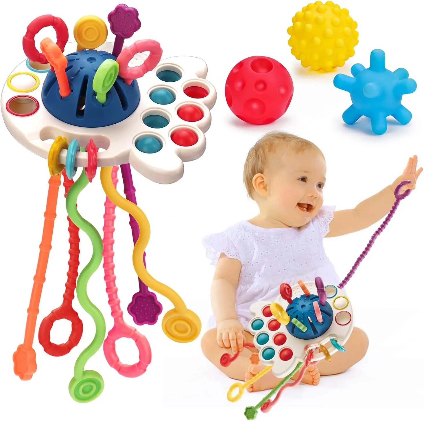 Montessori Pull String Toys for Babies 0-6 6-12 Months Sensory Balls Toddler Travel Infant 9 10 12-18 Month Teethers Developmental for 1 2 Year Old First Easter Birthday Gift