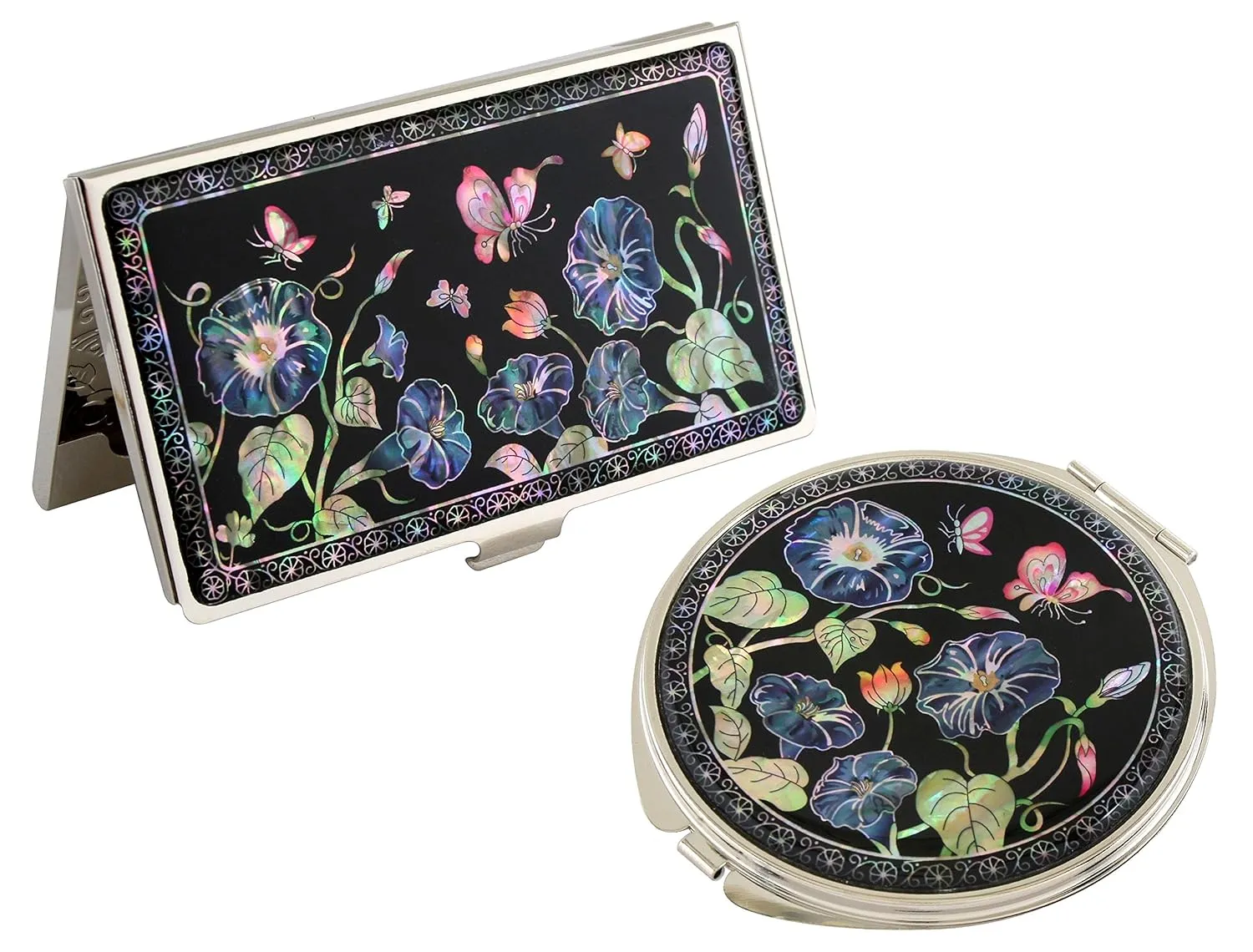 Mother of Pearl Blue Morning Glory Flower Design Magnifying Compact Makeup Mirror Business Credit Name Card Holder Set Stainless Steel Engraved Slim Id Money Case