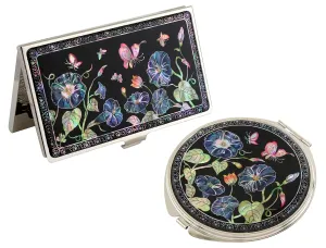 Mother of Pearl Blue Morning Glory Flower Design Magnifying Compact Makeup Mirror Business Credit Name Card Holder Set Stainless Steel Engraved Slim Id Money Case